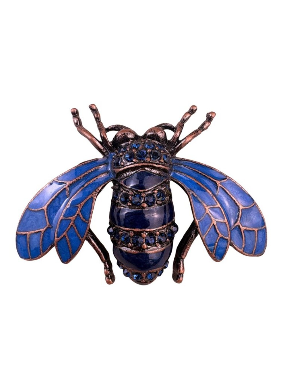 Bee-Vintage Blue Enamel Brooch With Imitation Crystals Copper Tone Jewelry